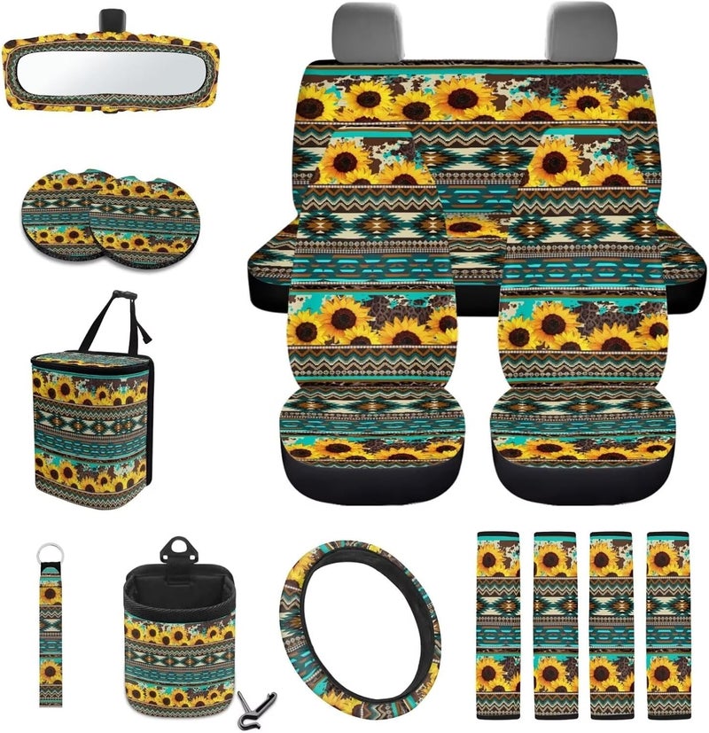 Wanyint Aztec Sunflower Blue Car Seat Cover Set 15 PCS, with Steering Wheel Cover Seat Belt Cushion Pad Garbage Bag Air Vent Pocket Rearview Mirror Cover Coasters Keychain for SUV Trucks Vans Sedans - Image 1